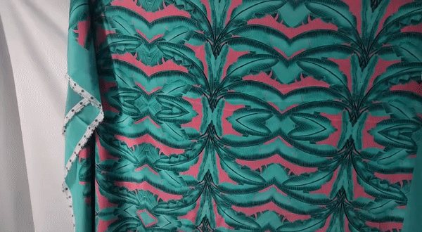 Banana Leaves in Jade and Pink printed on silk twill, with the hand-hemmed edge
