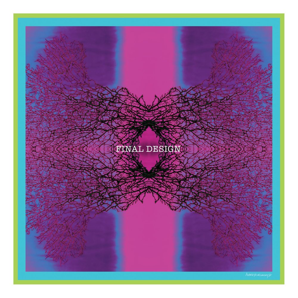 The final sea fan design in pink and purple with a turquoise and lime border