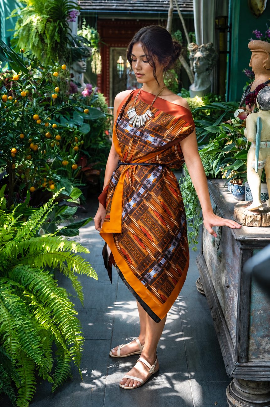 As Above So Below silk scarf being worn