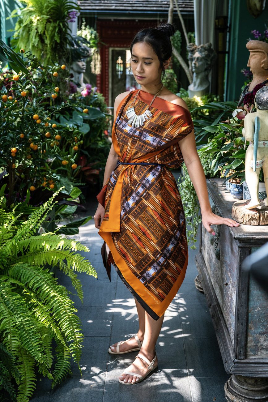 As Above So Below silk scarf being worn