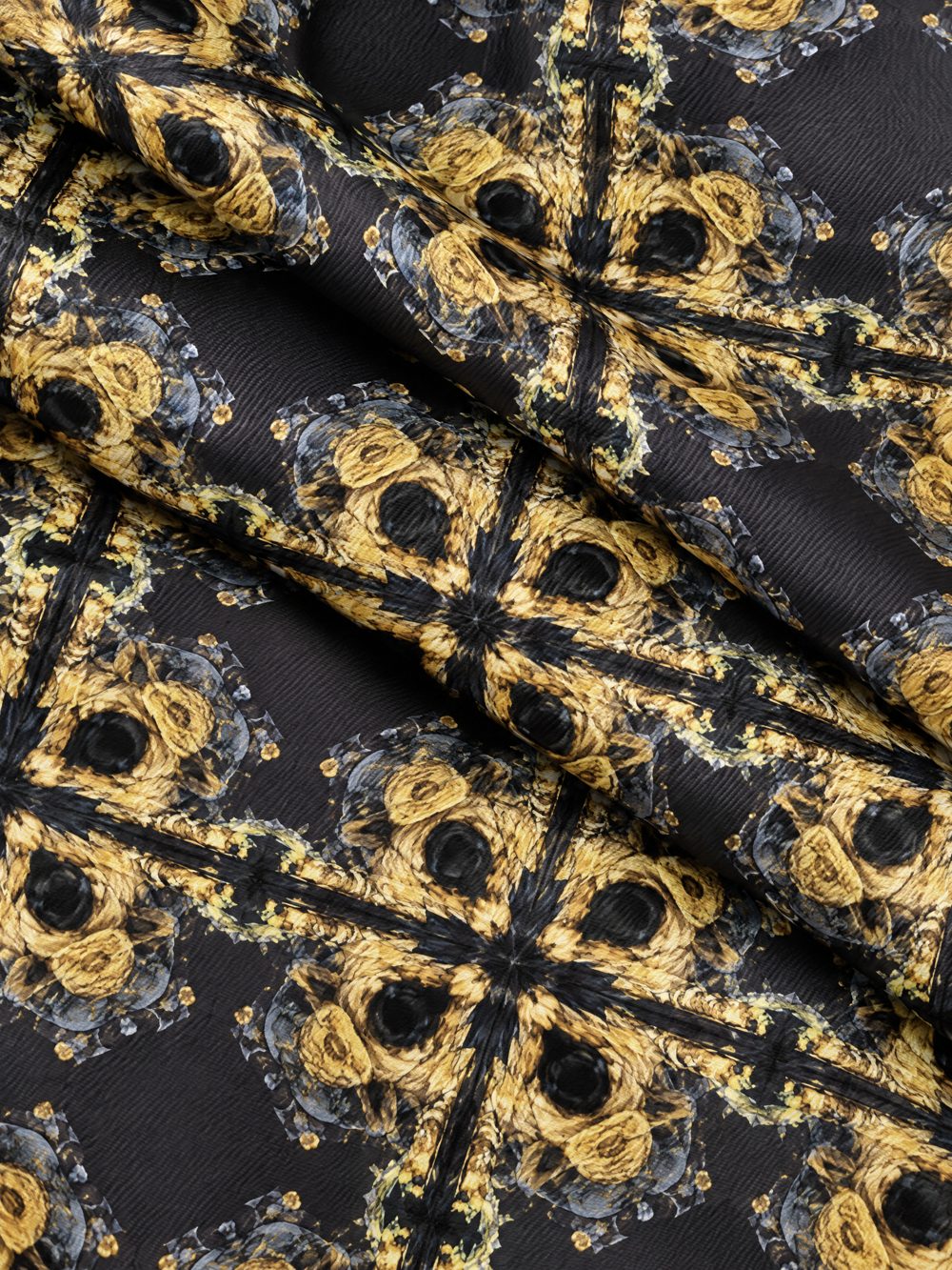 Close-up of Bali Temple 1 printed on folded fabric
