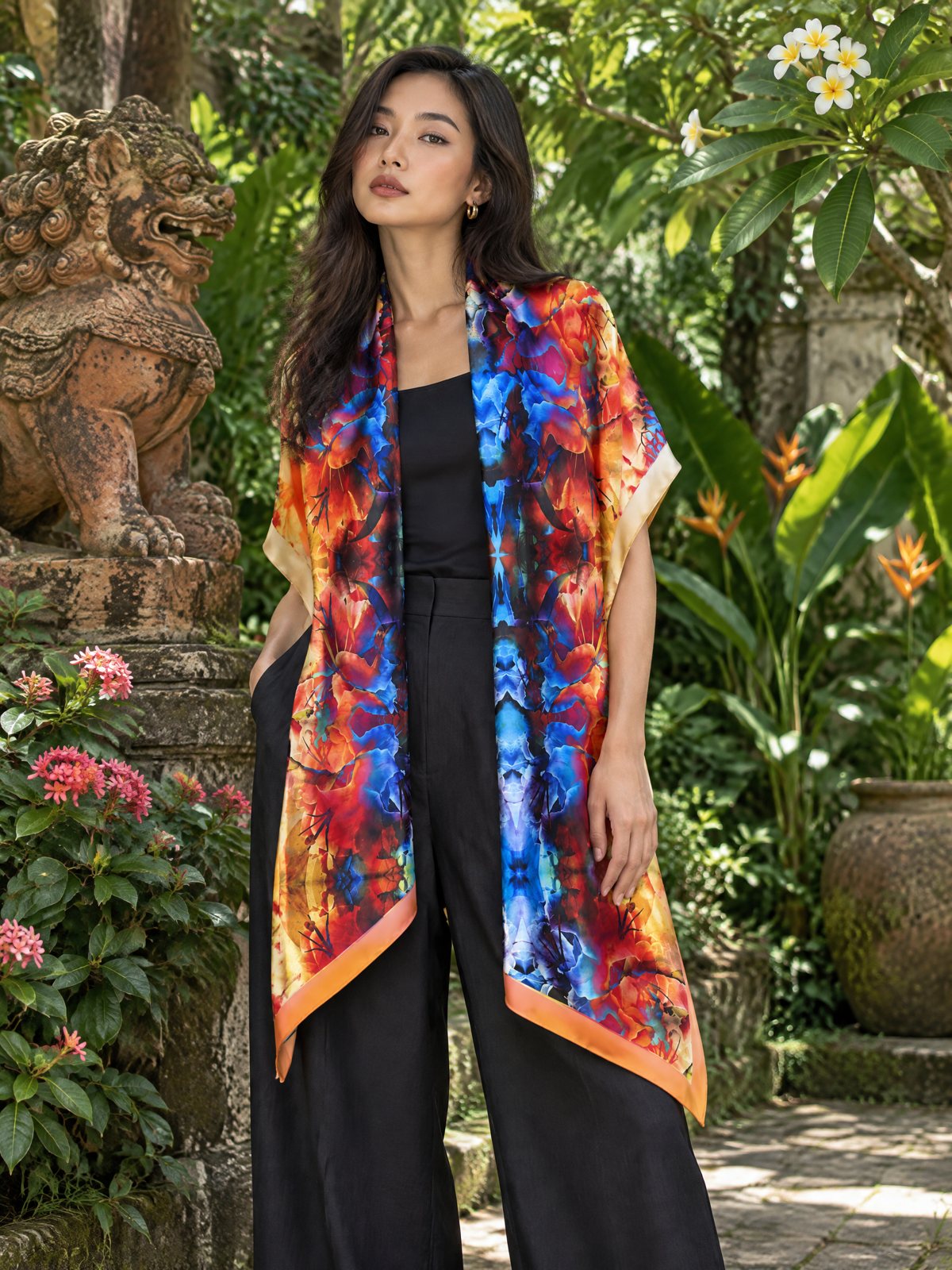 A woman in a Bangkok garden wearing the Flowers Radiate Joy long silk scarf around her shoulders