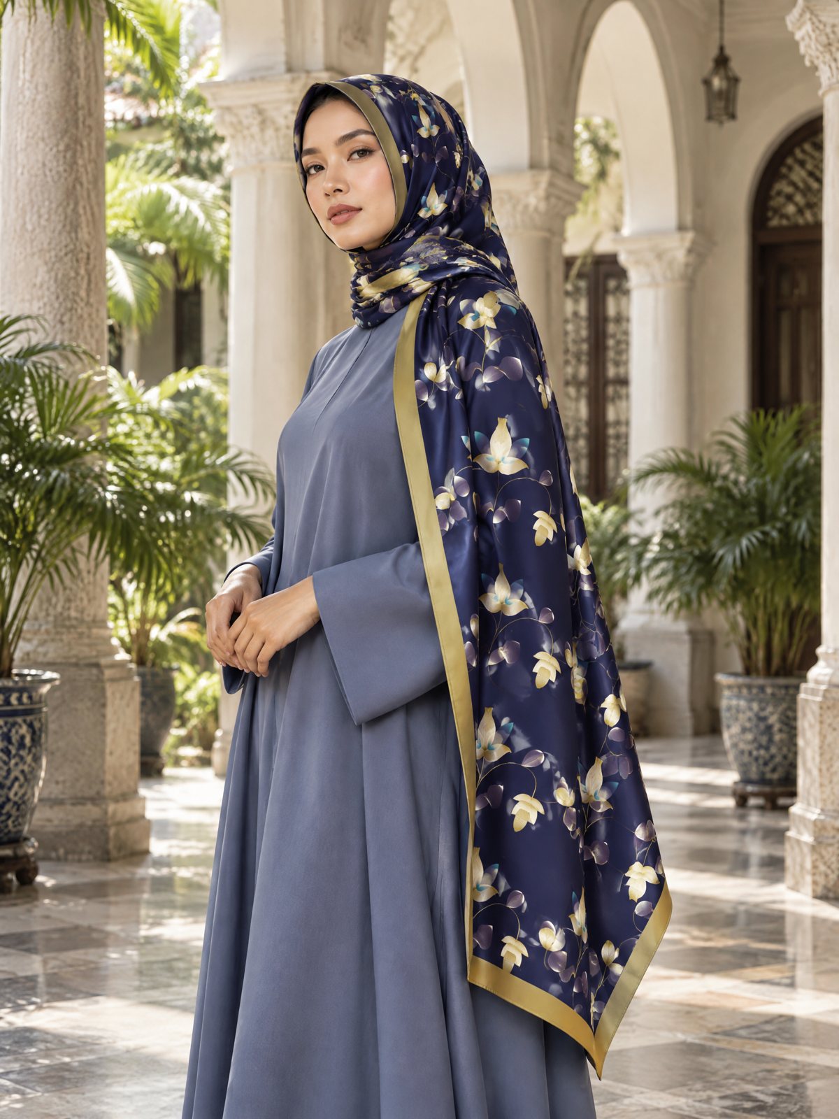 A woman in an arcaded Bangkok courtyard wearing the Flower Geometry long silk scarf as a hijab, one end over her shoulder