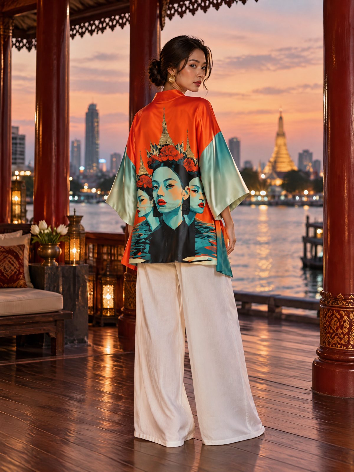 A woman in a riverside pavilion in Bangkok at dusk, wearing the Bangkok silk kimono, seen from behind