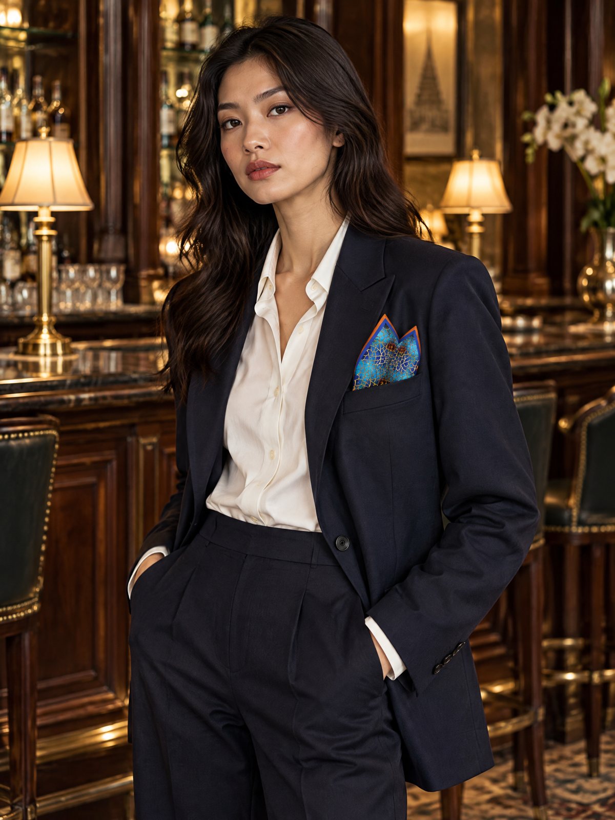 A woman in a navy blazer with the Golden Screen Against the Sea silk pocket square in its breast pocket