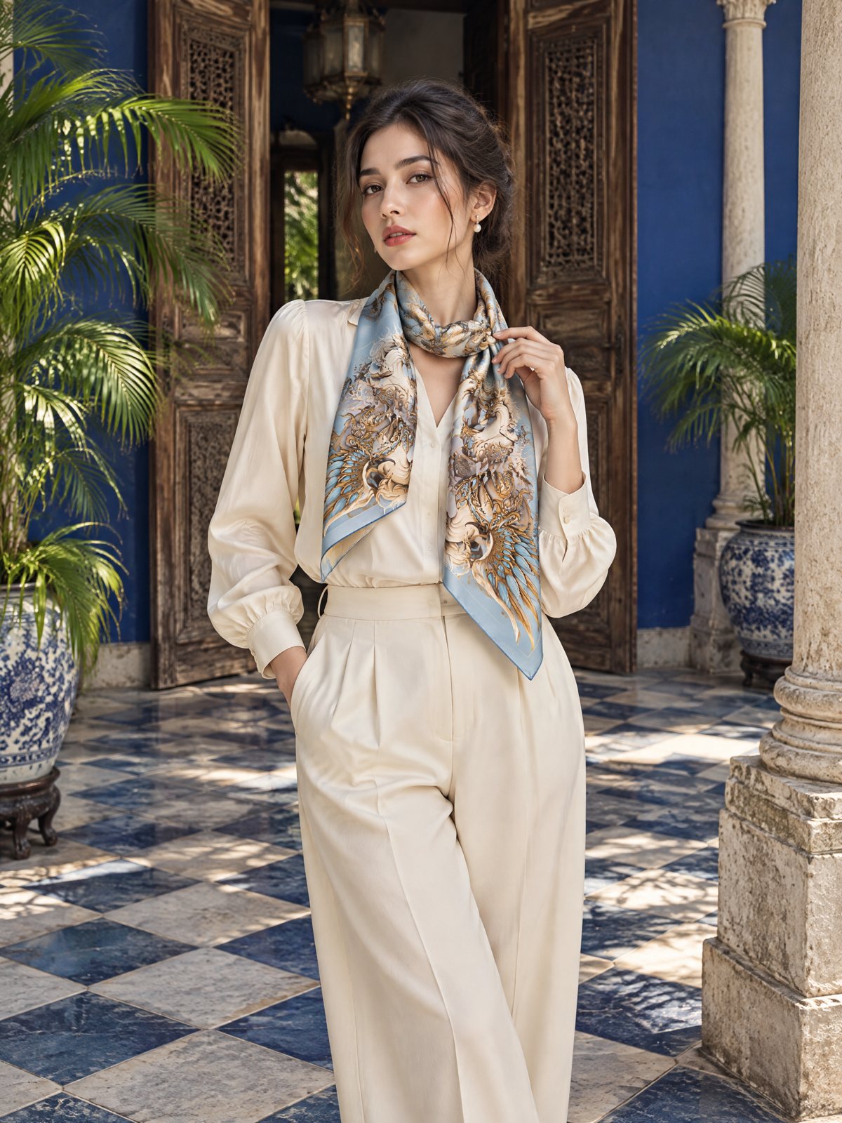 A woman in an old Bangkok courtyard wearing The Winged Qilin silk square knotted at her neck