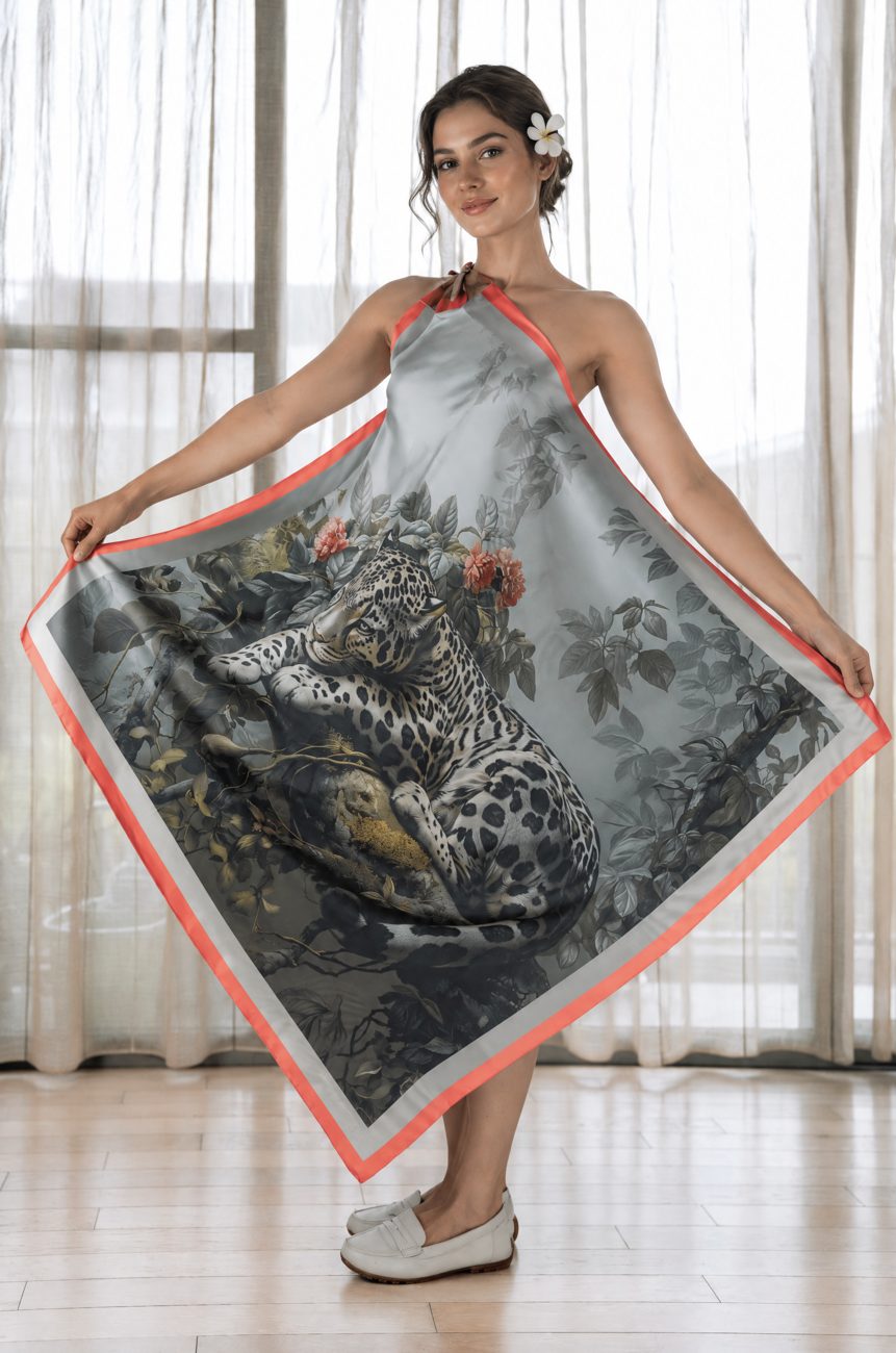 The Clouded Leopard Resting amongst the Flowers silk scarf, photo 4