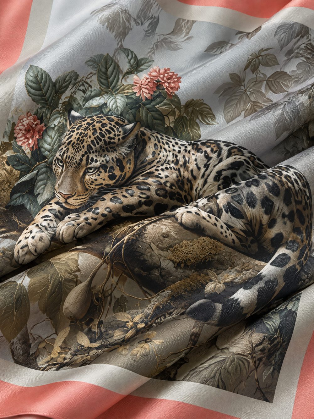 Close-up of The Clouded Leopard Resting amongst the Flowers printed on folded fabric