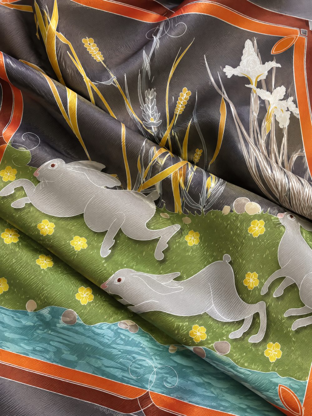 Close-up of Dawn printed on folded fabric