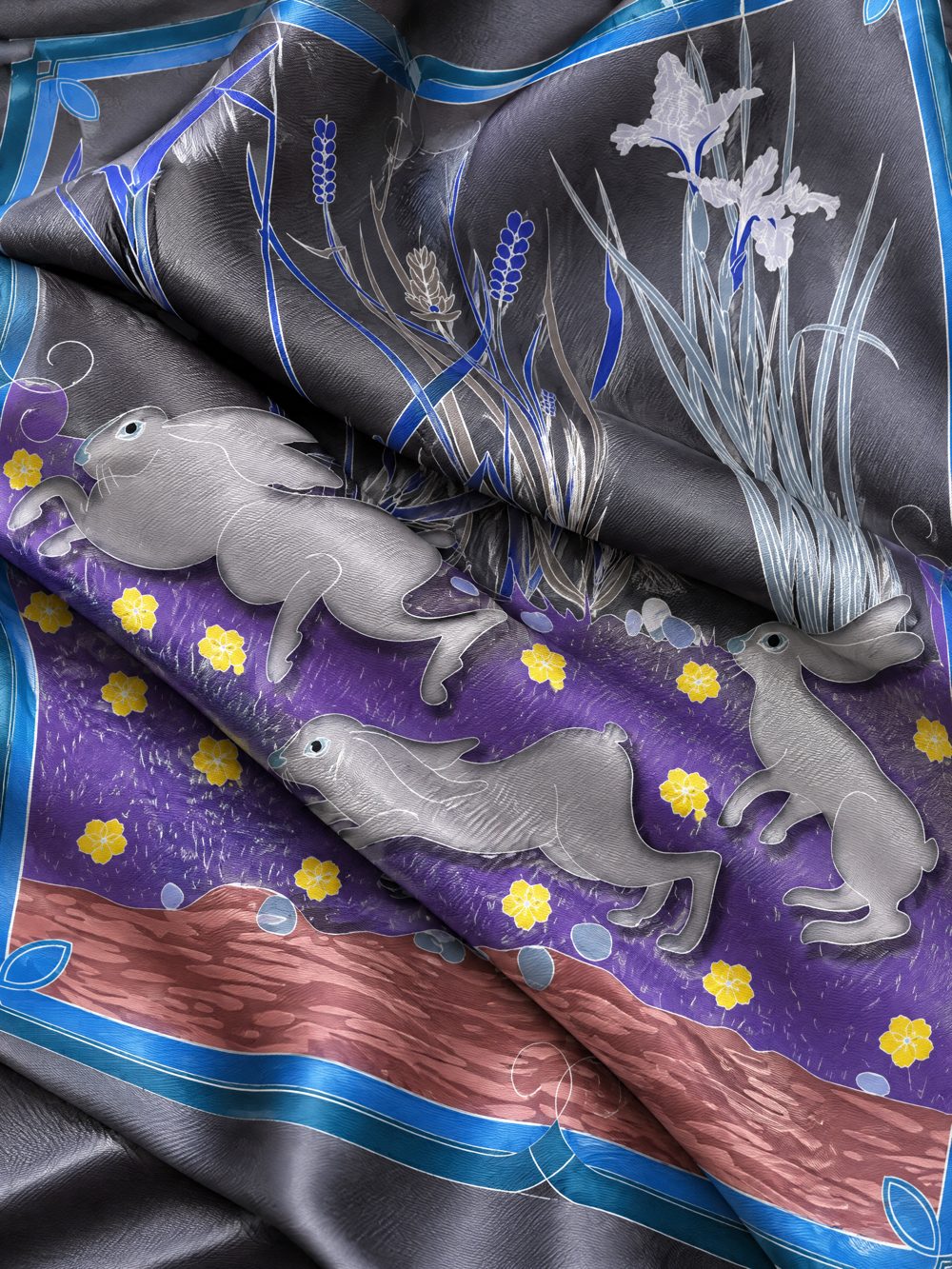 Close-up of Dusk printed on folded fabric
