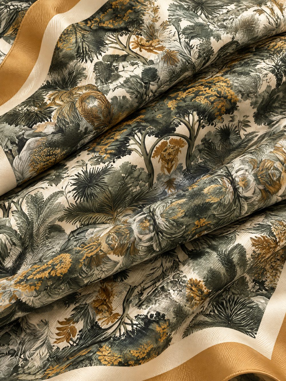 Close-up of Fall into Autumn printed on folded fabric in ivory, stone grey and marigold