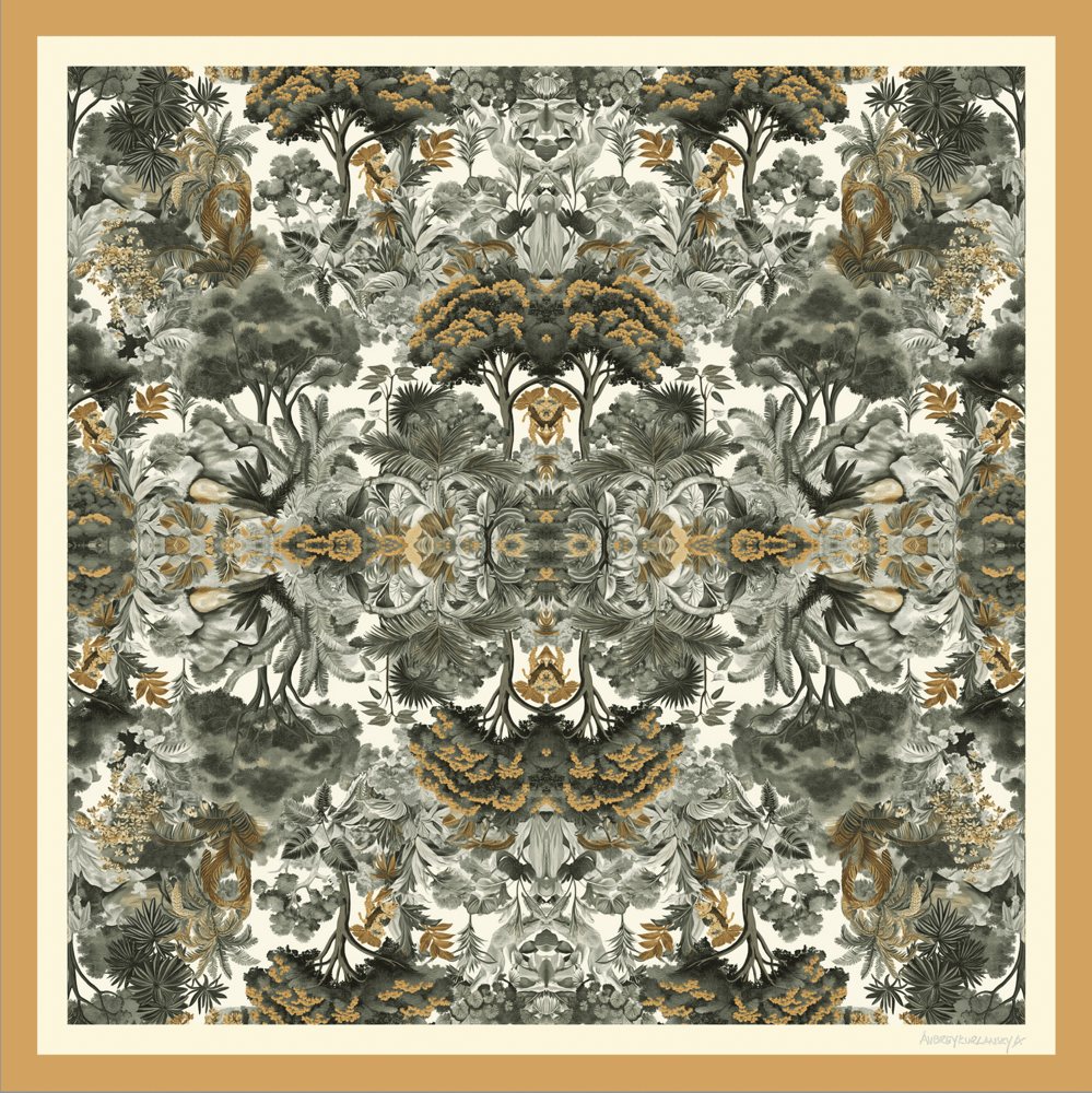 Fall into Autumn silk scarf in ivory, stone grey and marigold, laid flat