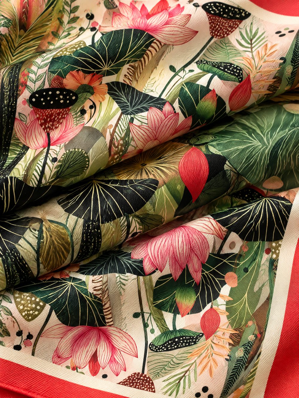 Close-up of Fall into Summer printed on folded fabric