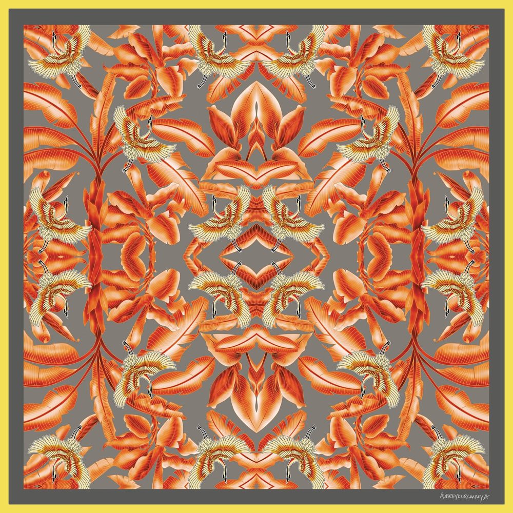 Golden Cranes Orange Leaves silk scarf