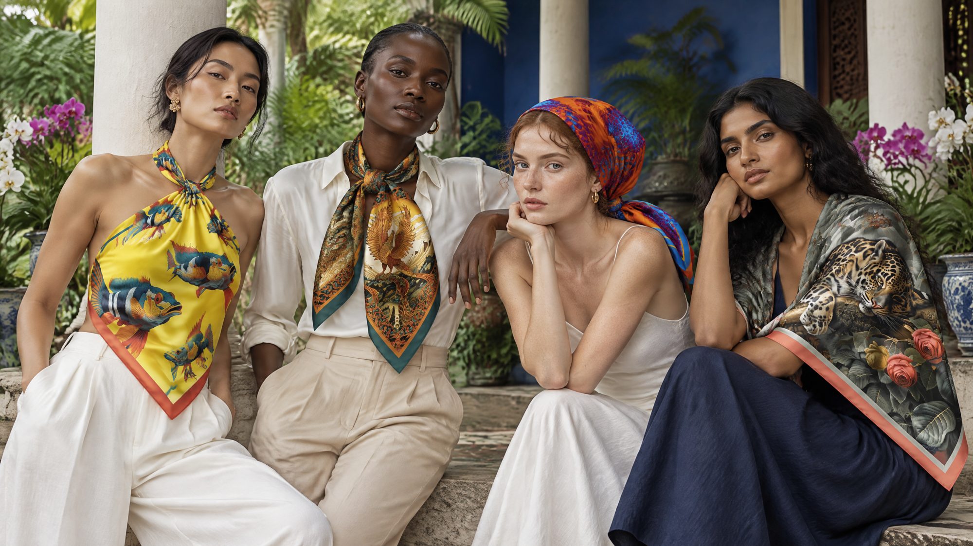 Four models in a Bangkok garden wearing Aubrey Kurlansky silk scarves: as a halter top, knotted at the neck, as a headscarf and around the shoulders.