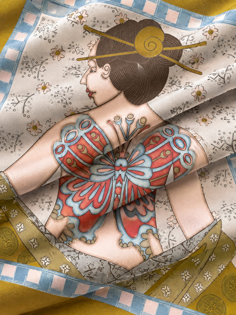 Close-up of Madama Butterfly printed on folded fabric