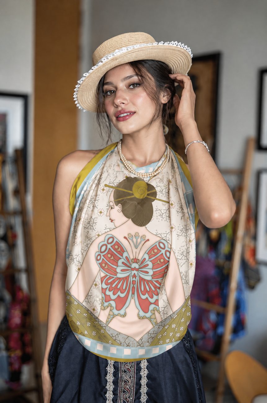 Madama Butterfly silk scarf being worn
