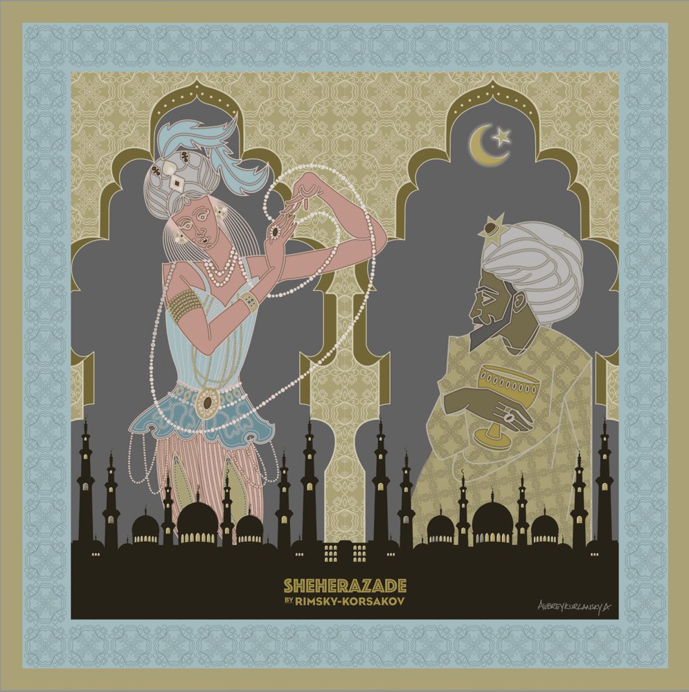 Sheherazade silk scarf in pale blue, olive gold and grey, laid flat