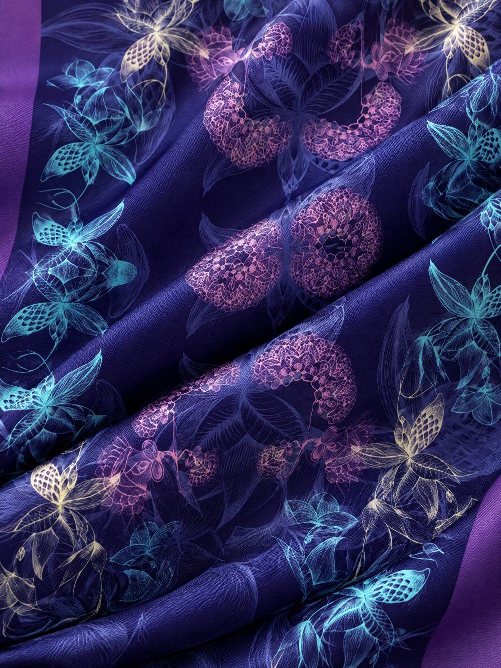 Close-up of Strange Fruits printed on folded fabric