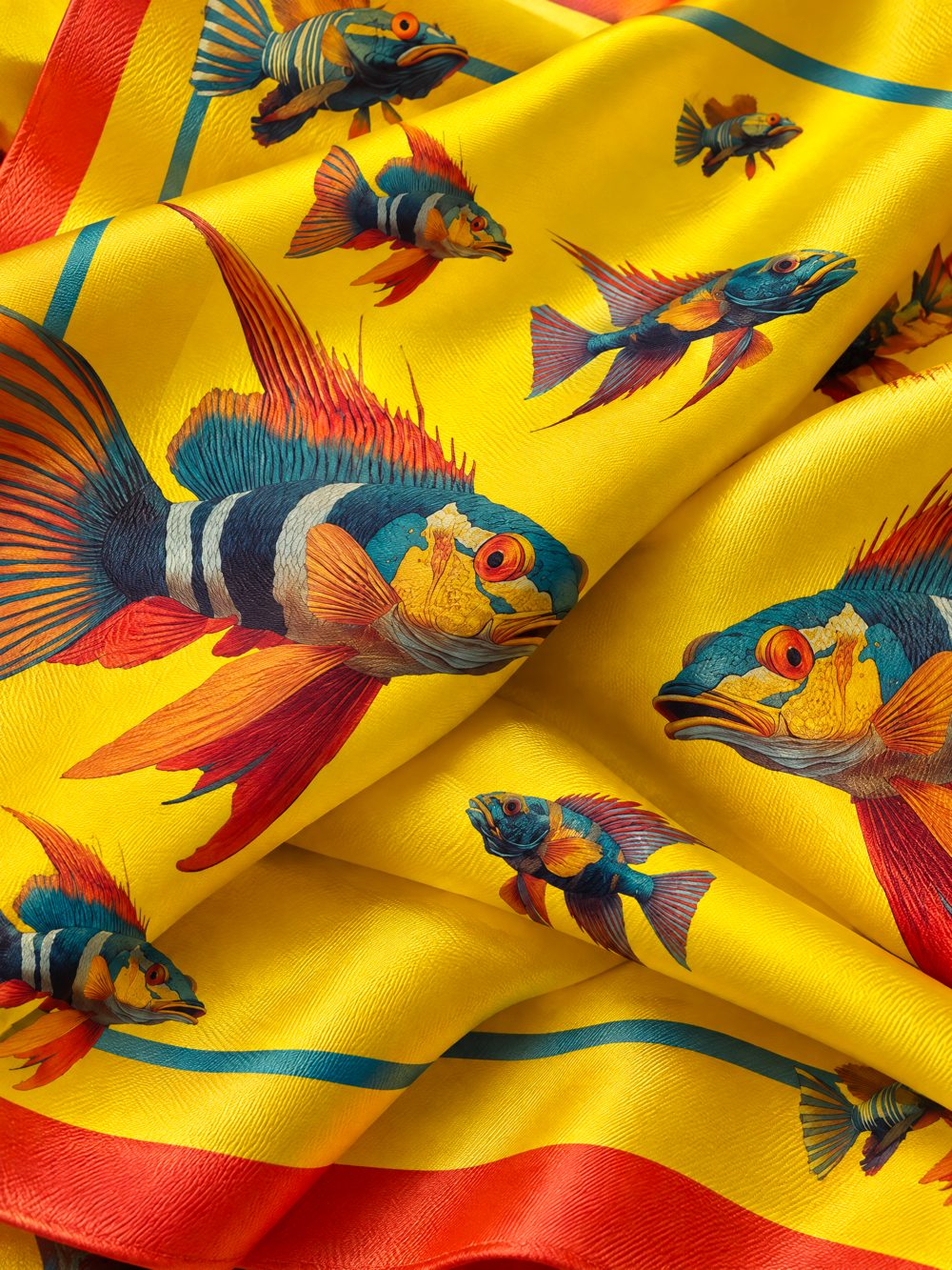 Close-up of The Beautiful Sea printed on folded fabric in sunshine yellow, coral and teal