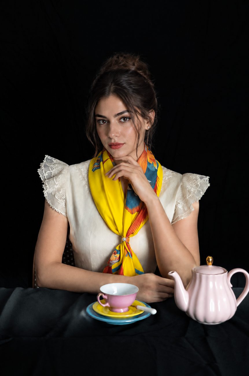The Beautiful Sea silk scarf being worn