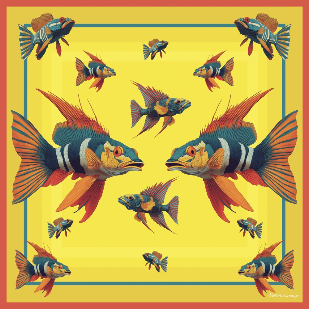 The Beautiful Sea silk scarf in sunshine yellow, coral and teal, laid flat