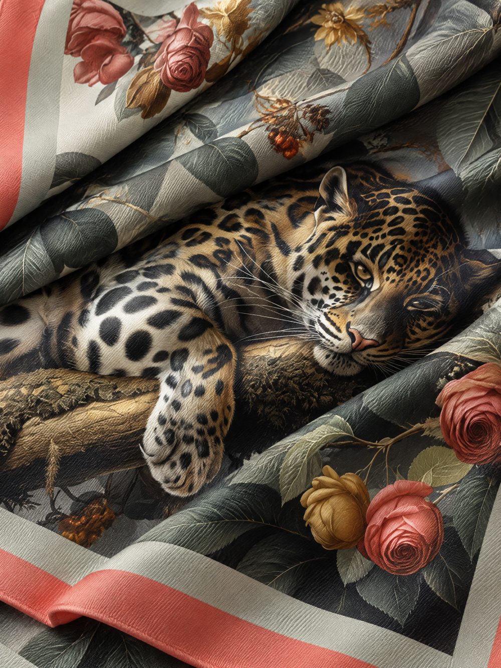 Close-up of The Clouded Leopard is Watching You printed on folded fabric in smoky green, charcoal and coral