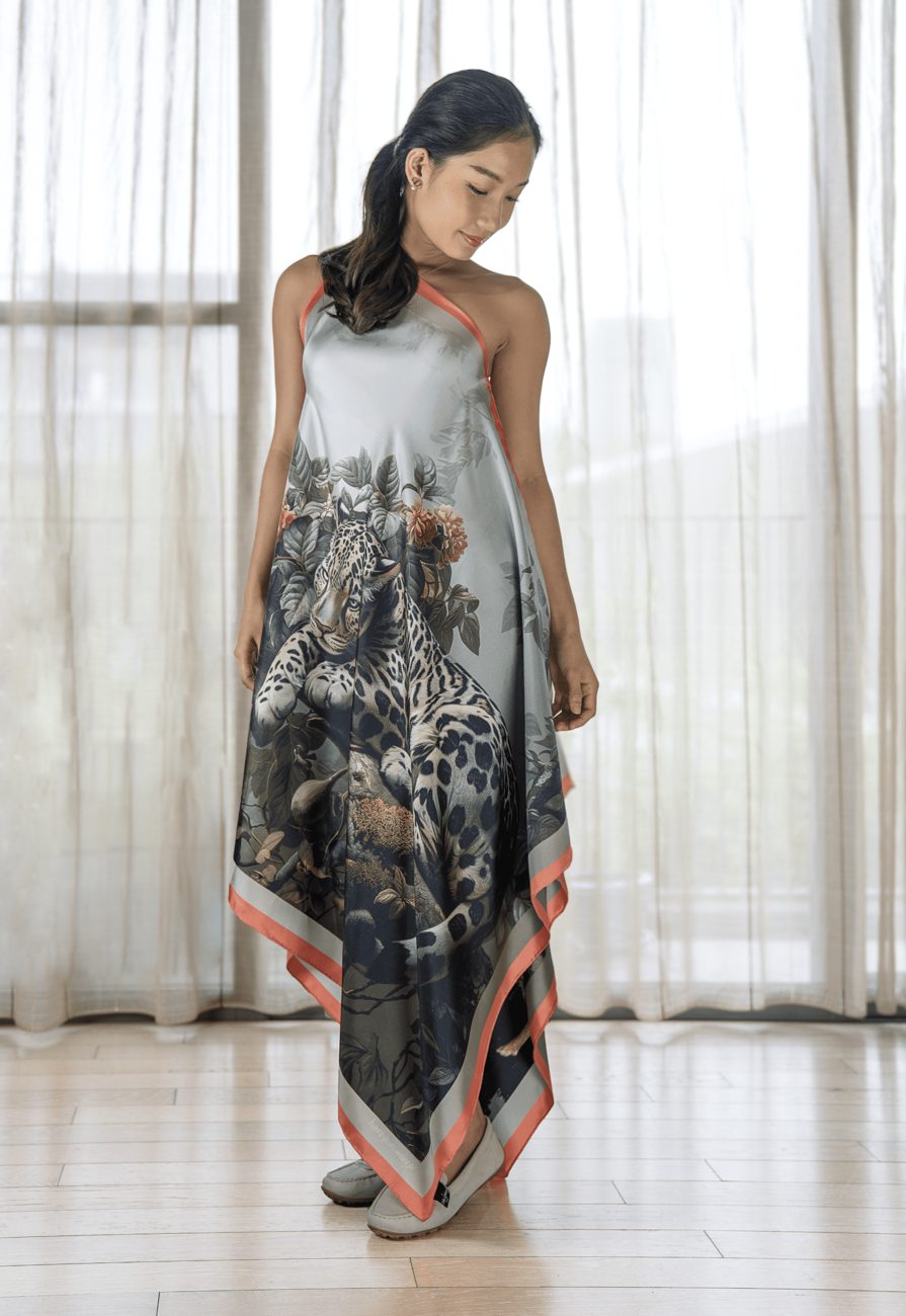The Clouded Leopard resting amongst the Flowers silk scarf, photo 3