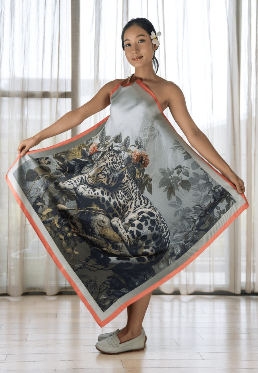 The Clouded Leopard resting amongst the Flowers silk scarf, photo 4