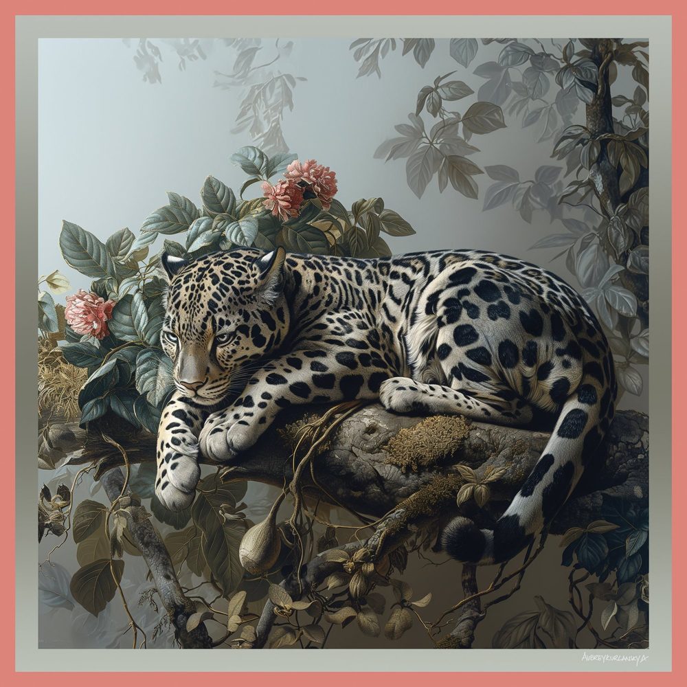The Clouded Leopard resting amongst the Flowers silk scarf