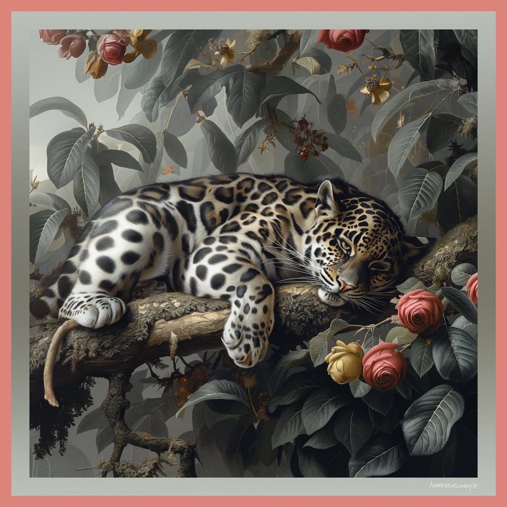 The Clouded Leopard silk scarf in smoky green, charcoal and coral, laid flat