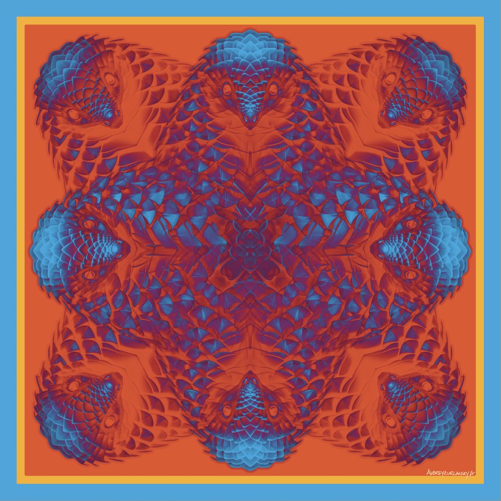 The Pangolin's Party Suit silk scarf in orange, magenta and electric blue, laid flat