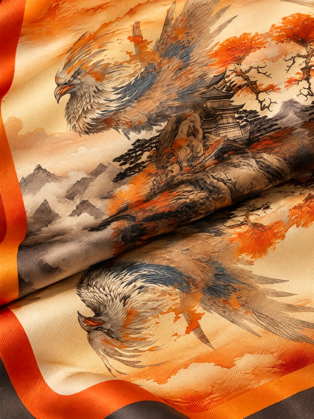 Close-up of The Phoenix Aflame printed on folded fabric in amber, smoke and rust