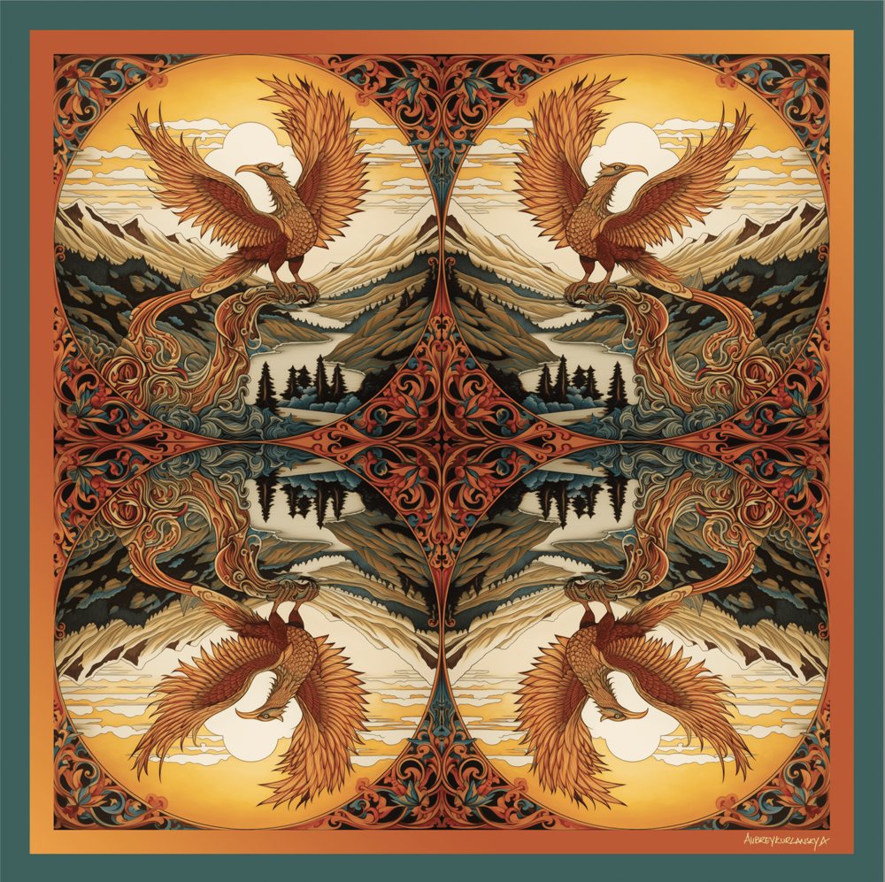 The Phoenix Arises silk scarf in amber, rust and forest green, laid flat