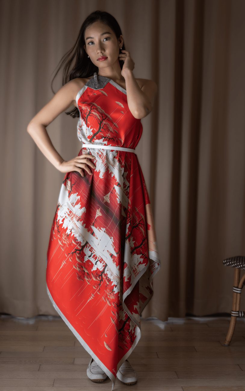 The survey silk scarf being worn