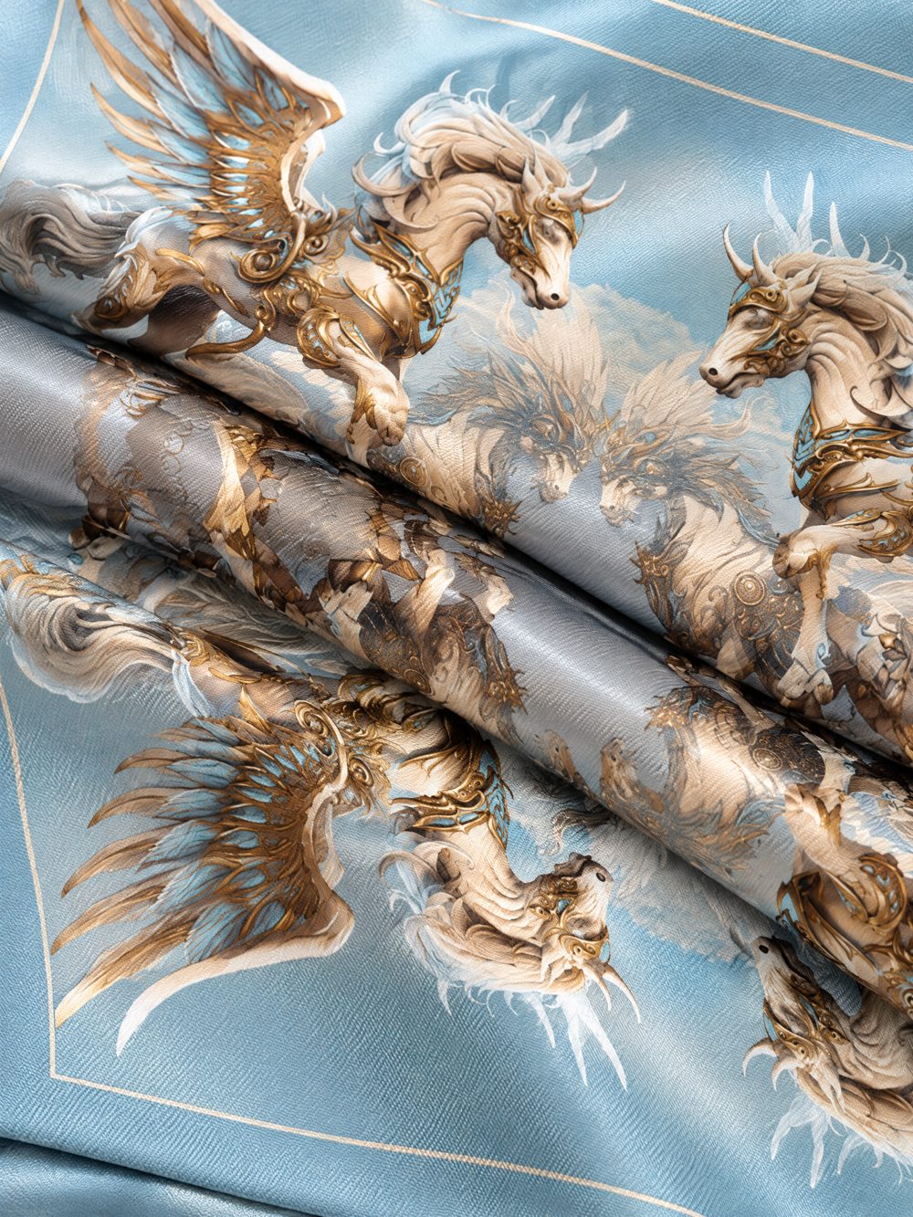 Close-up of The Winged Qilin printed on folded fabric