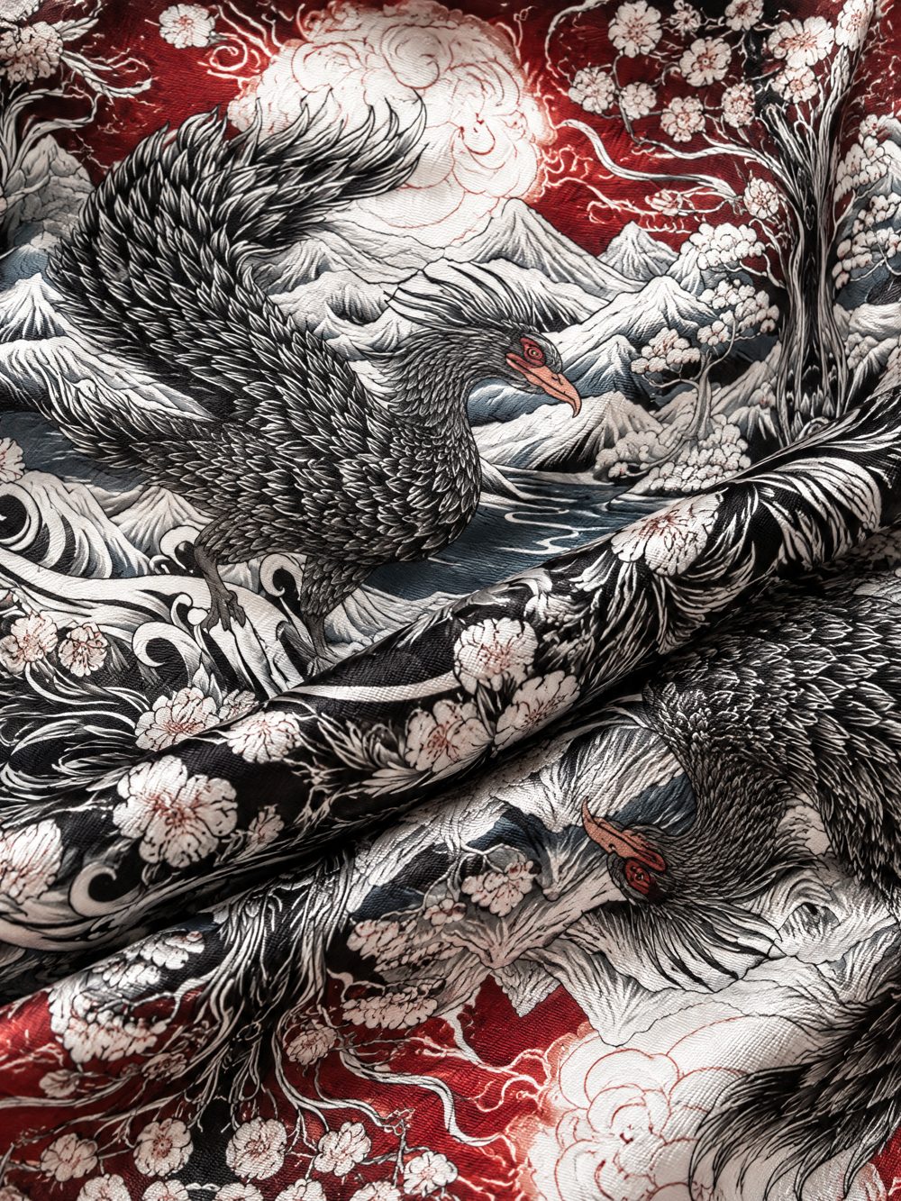 Close-up of The Winter Phoenix printed on folded fabric
