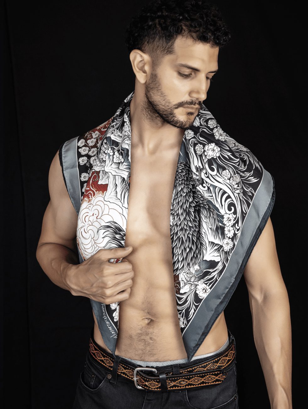 The Winter Phoenix silk scarf being worn