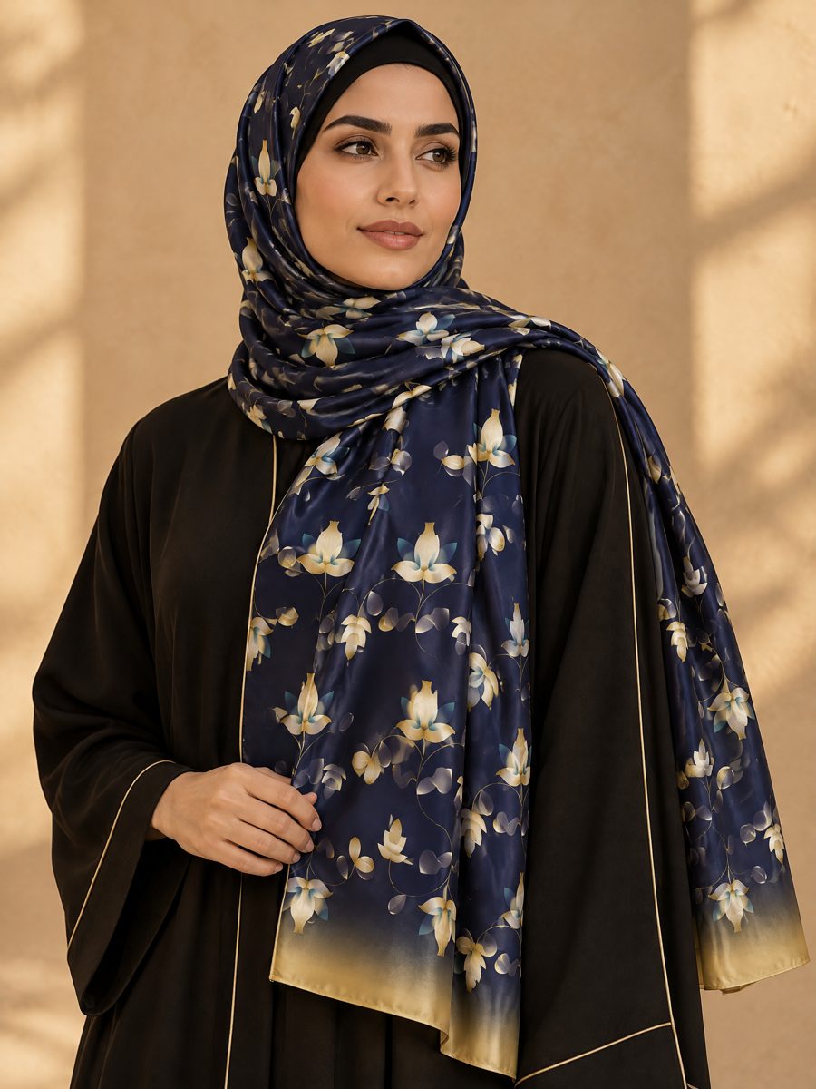 A woman wearing the Flower Geometry silk scarf as a hijab, in deep navy, cream and gold.