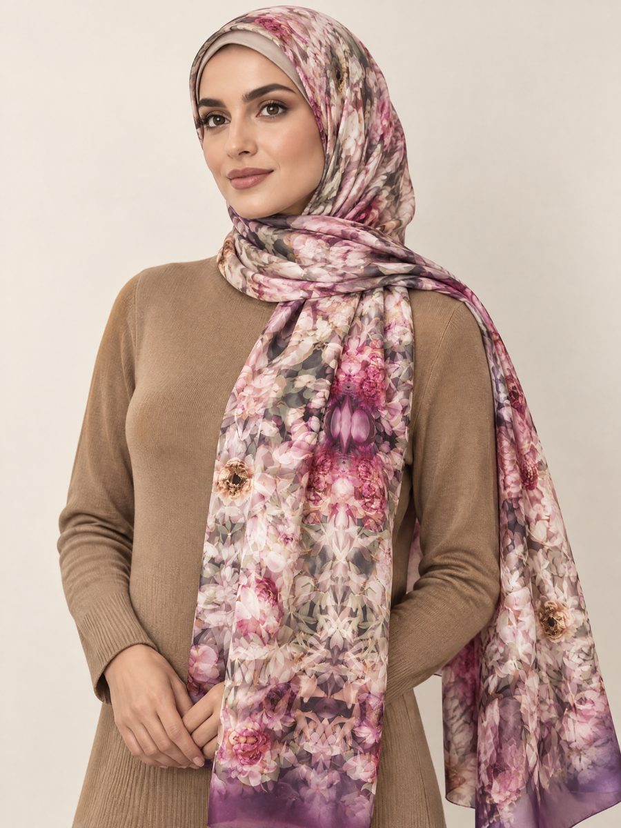 A woman wearing the Pink Floral Afternoon silk scarf as a hijab, in blush pink, ivory and rose