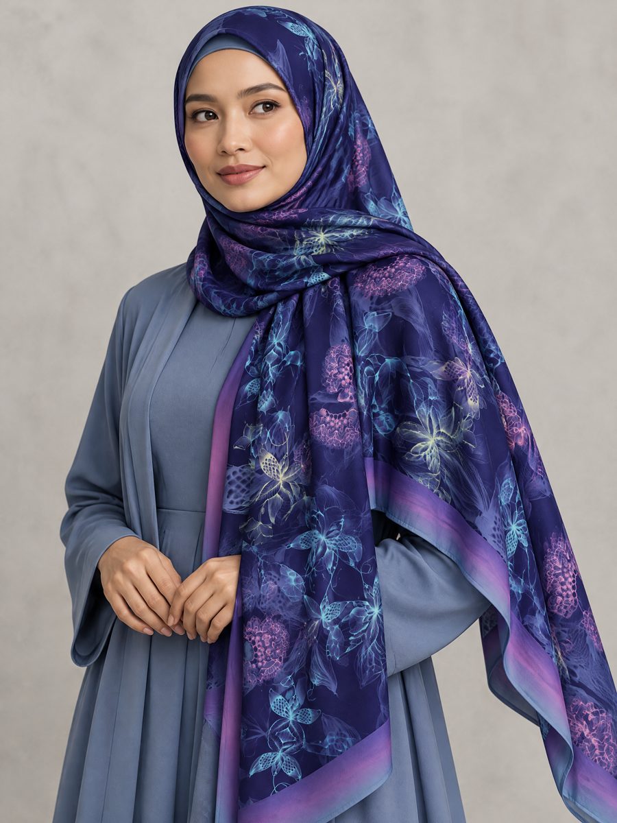 A woman wearing the Strange Fruits silk scarf as a hijab, in navy, violet and soft blue