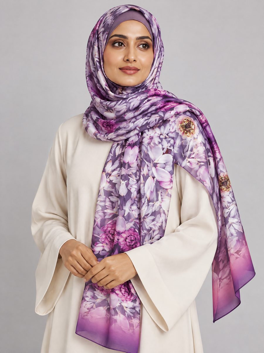 A woman wearing the Violet Floral Afternoon silk scarf as a hijab, in lilac, violet and white