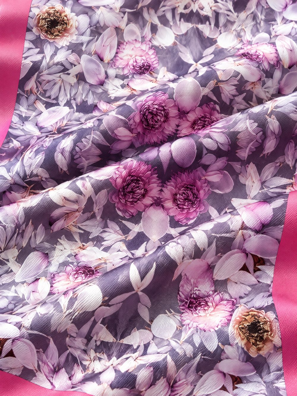 Close-up of Violet Floral Afternoon printed on folded fabric