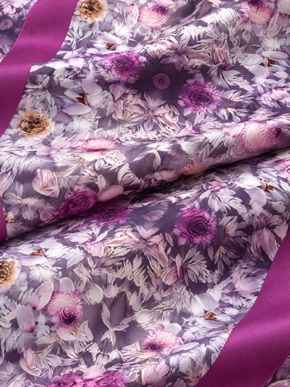 Close-up of Violet Floral Afternoon printed on folded fabric
