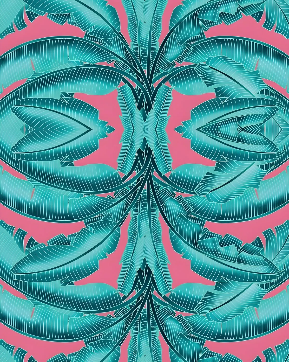 The banana leaves mirrored into a pattern in jade on pink
