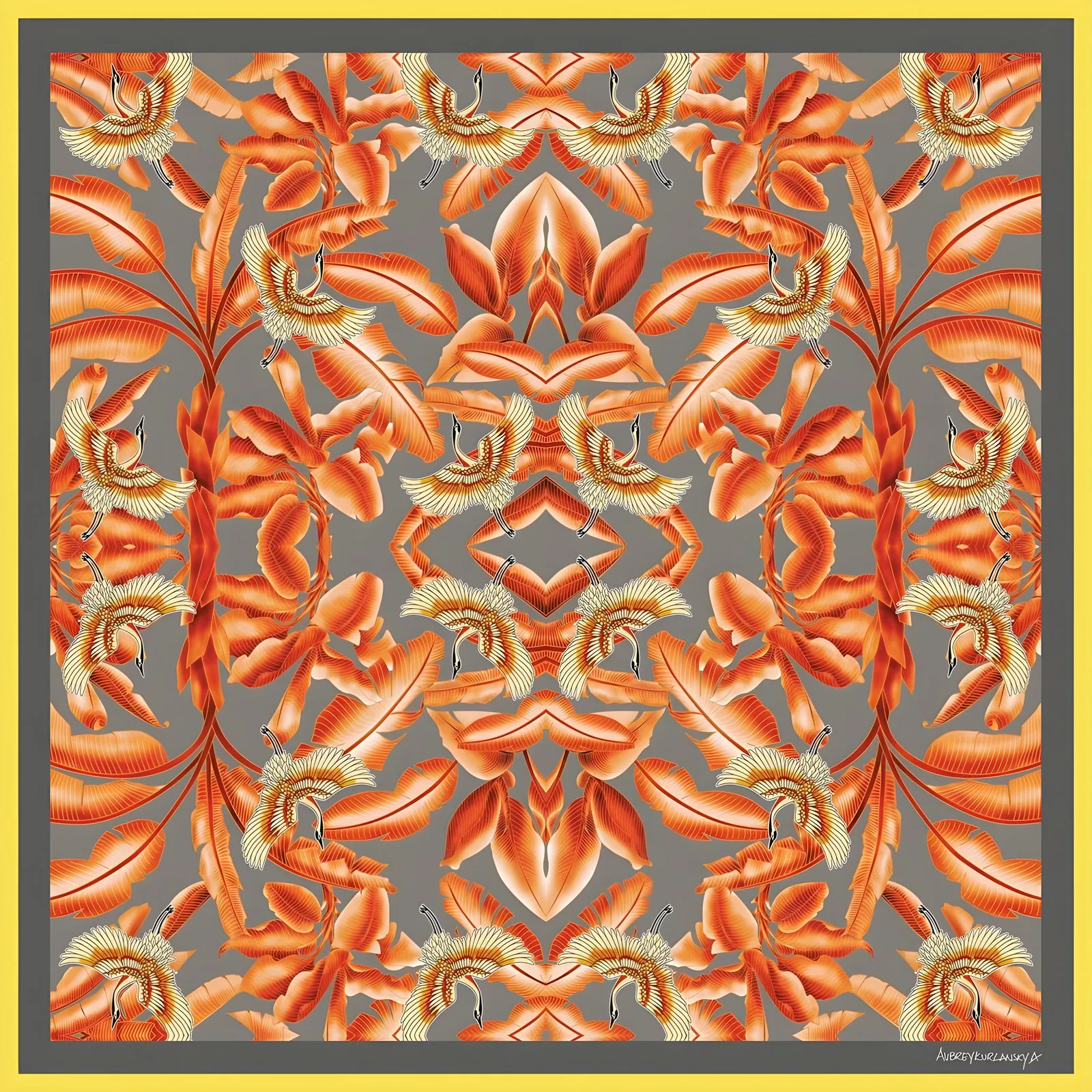 Golden Cranes, Orange Leaves, a silk square of gold cranes among orange leaves
