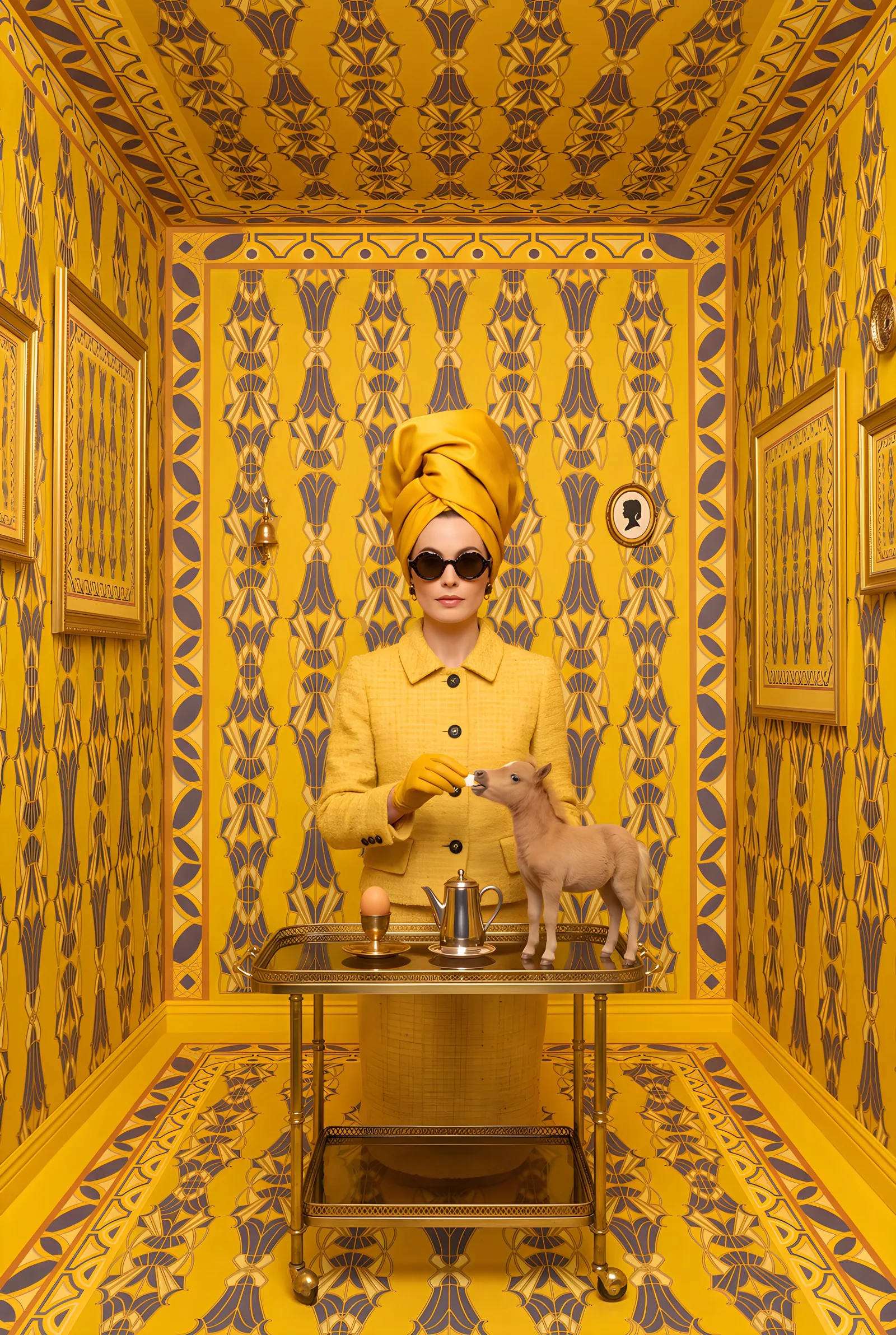 A woman in a yellow room, a yellow and grey silk scarf wound as a turban, feeding a miniature horse