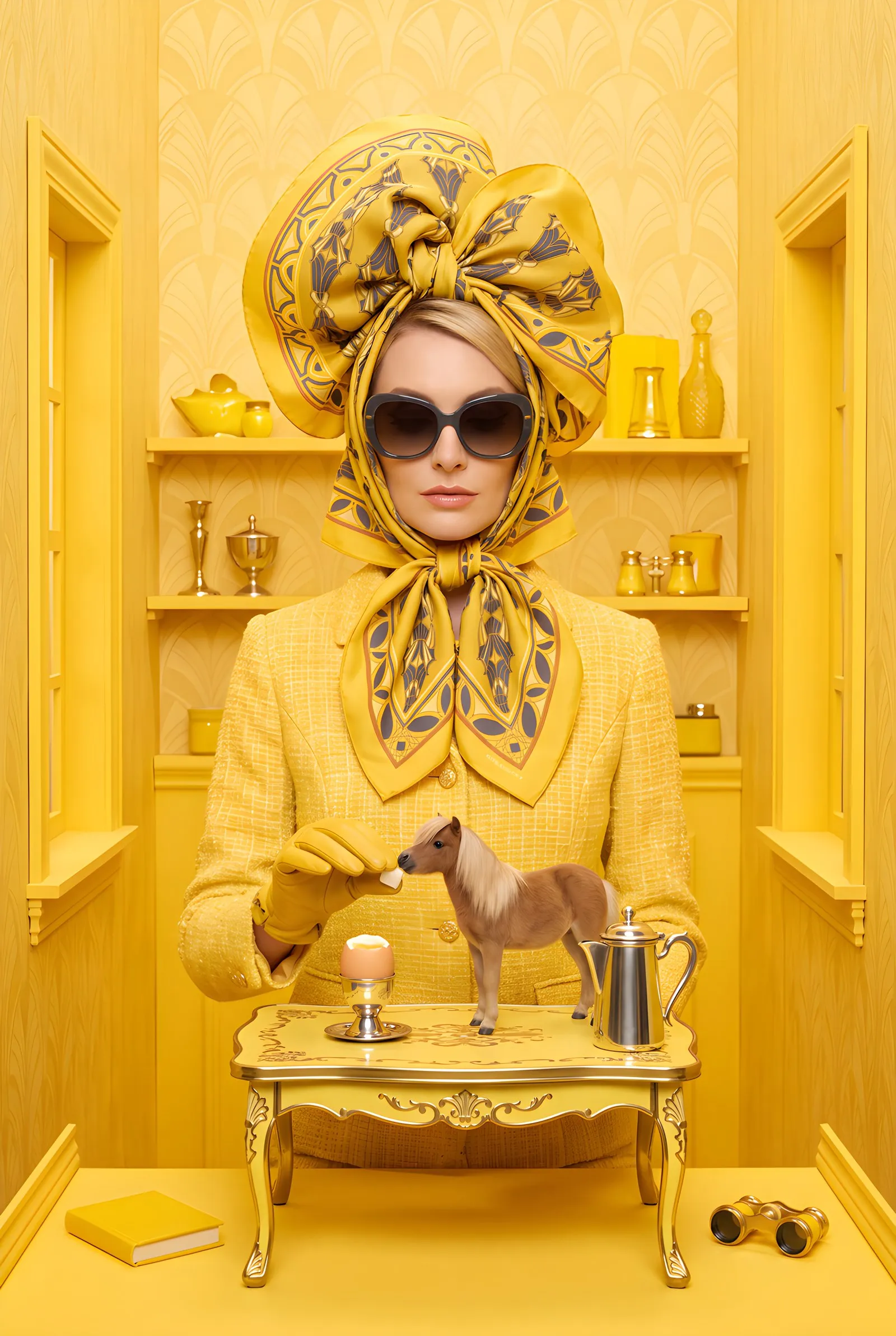 A yellow silk scarf tied as a headscarf and bow, with sunglasses, at a yellow breakfast table