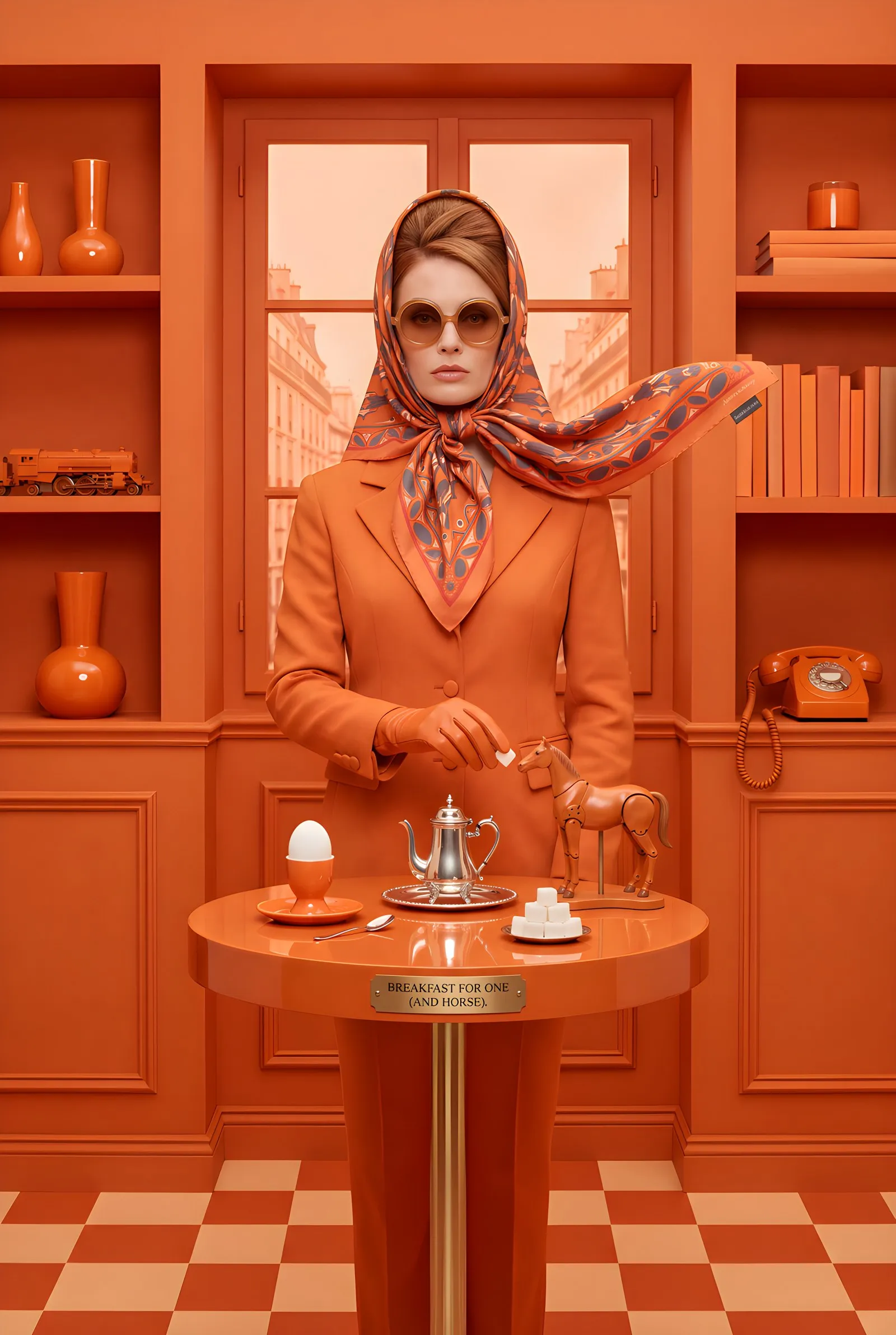 A woman in an orange coat with an orange silk scarf over her hair, at a round orange table