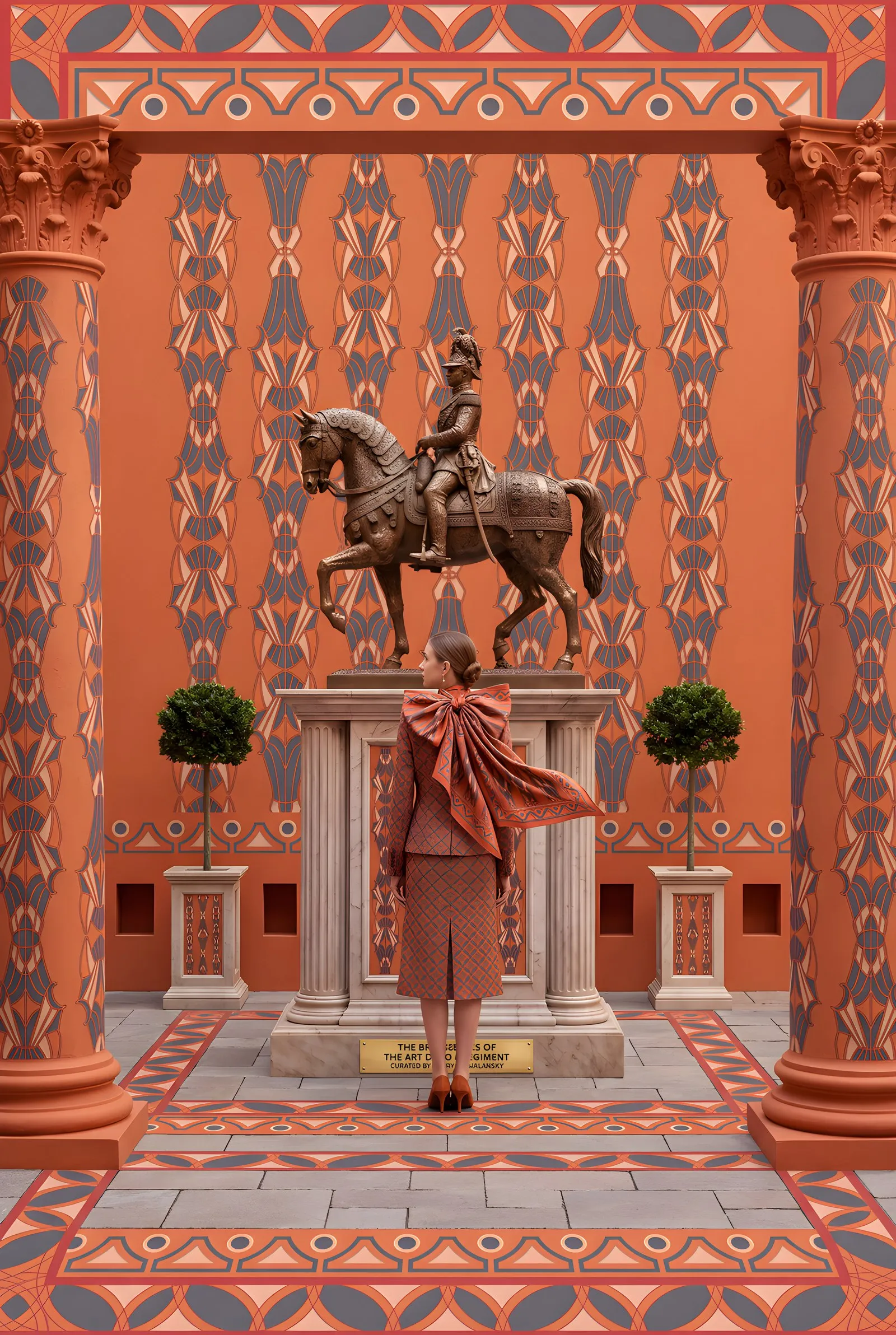 A woman seen from behind in an orange room, a silk scarf tied as a large bow at her back, before an equestrian statue